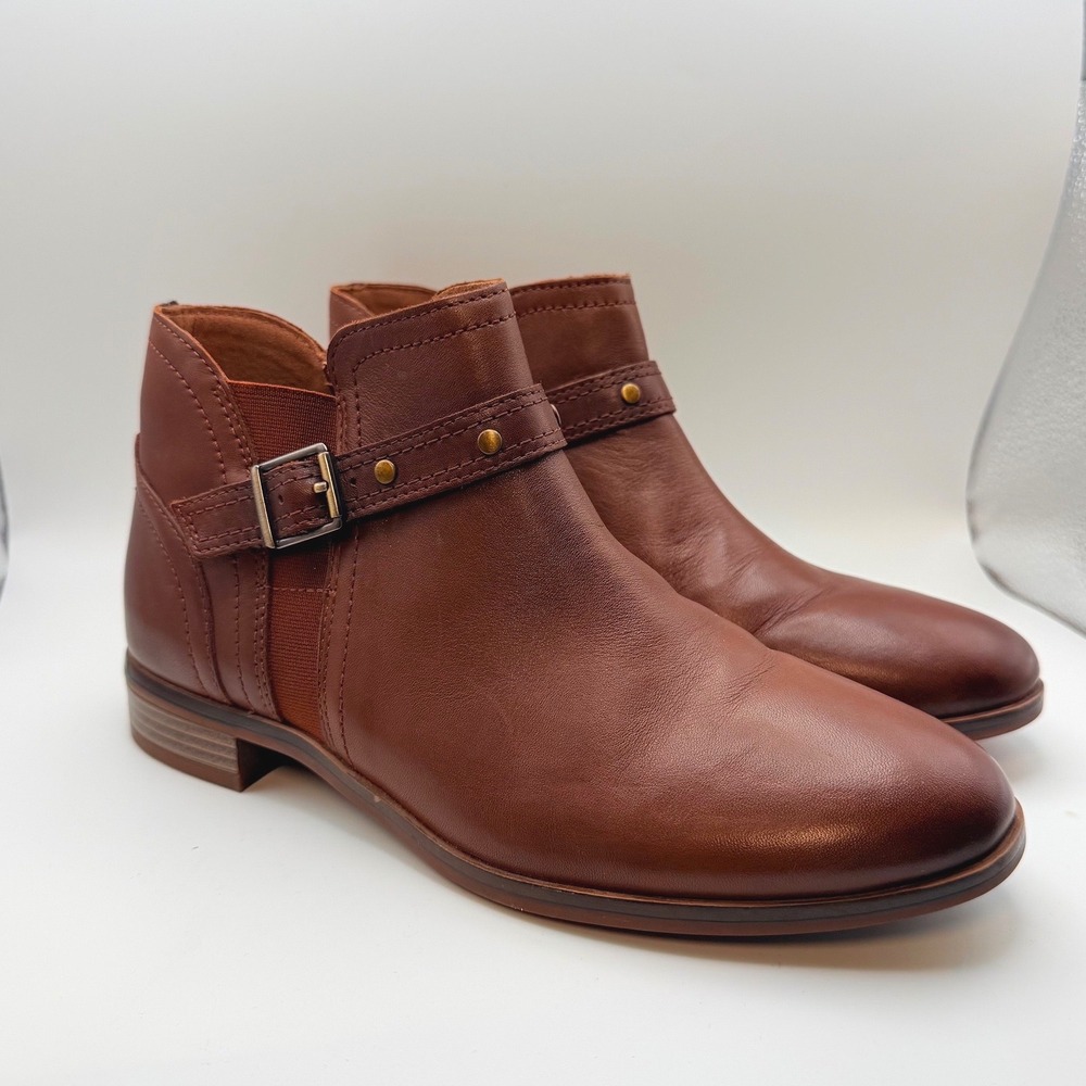 Clarks Ladies Trish Strap Dark Tan 100% Leather Ankle Boot Women's SZ 7.5